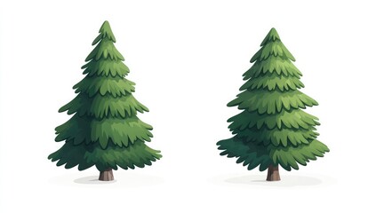 Obraz premium Two cartoon evergreen trees with green needles and brown trunks on a white background isolated view