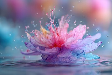 Vibrant abstract flower of dissolving paint in water with floating droplets