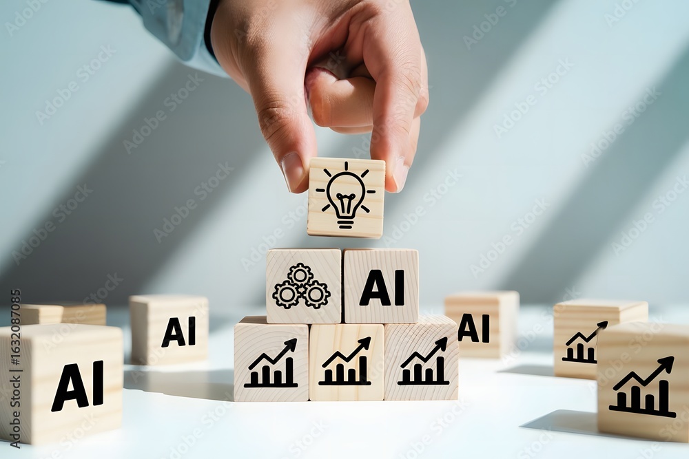 Poster human hand placing a wooden block with a lightbulb symbol on top of a pyramid of blocks representing