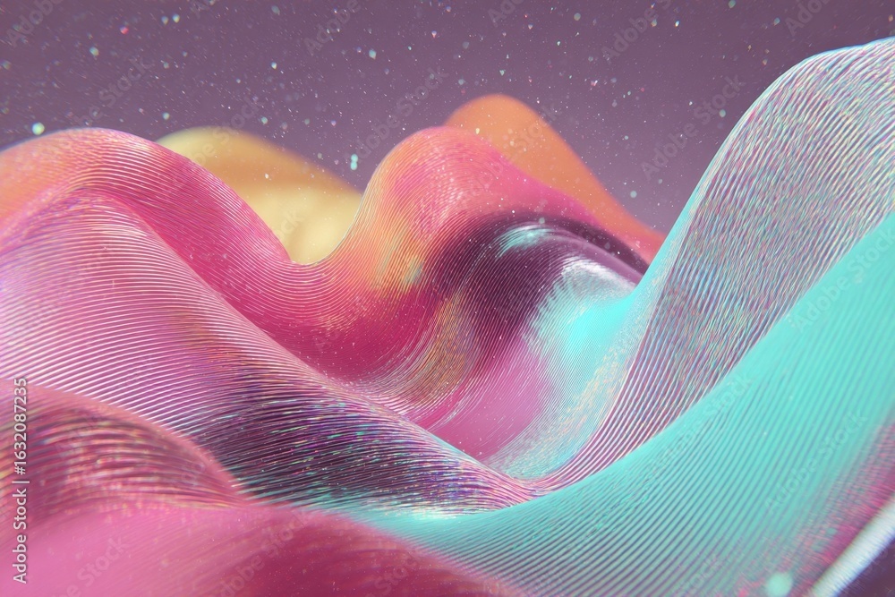 Poster vibrant abstract waves with iridescent colors and sparkling particles