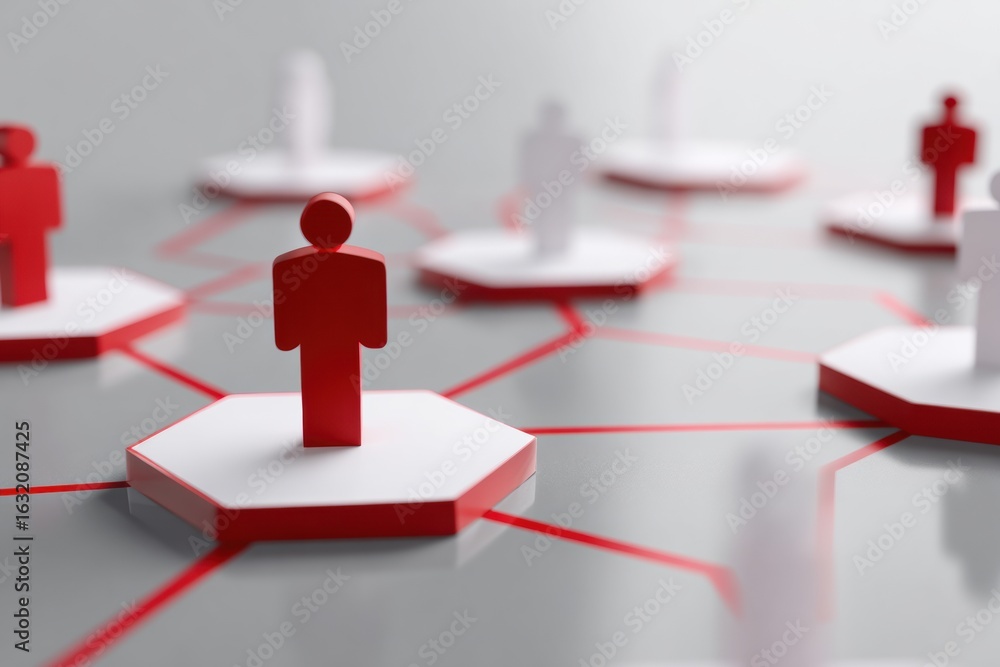 Poster simple illustration of hexagons with red and white people icons connected by lines, representing net