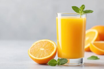 Freshly squeezed orange juice served in a bright glass with mint and vibrant orange slices