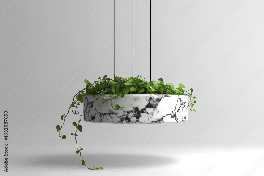 Poster circular marble planter with trailing greenery.