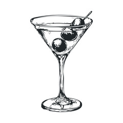 Hand-drawn martini glass with olives sketch in black and white