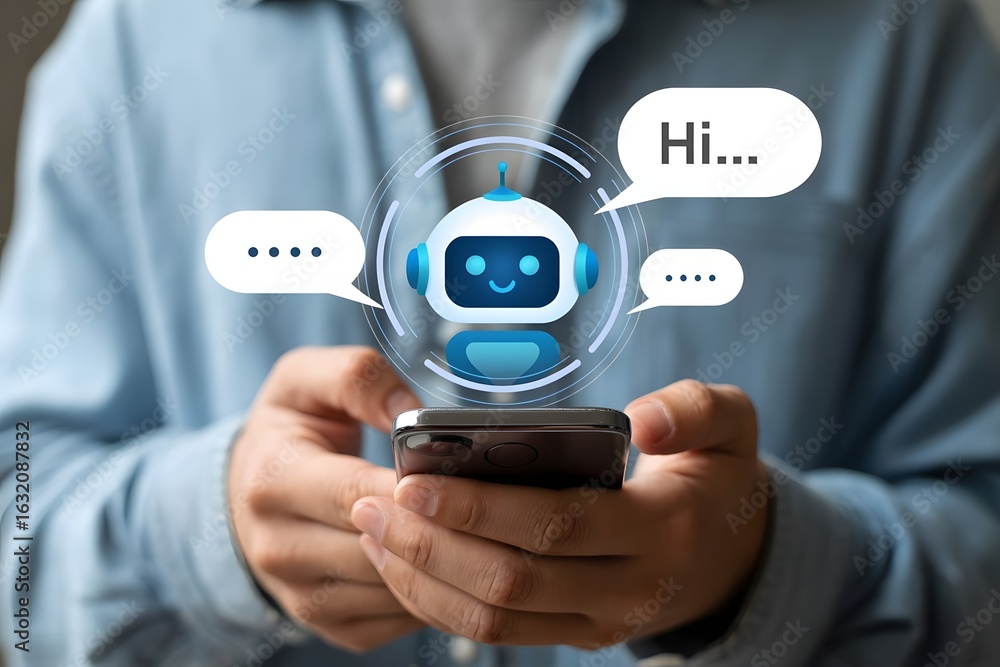 Poster close up of a person holding a smartphone with a glowing digital chatbot interface and speech bubble