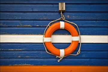 Orange life preserver hangs on a weathered blue and orange wooden wall