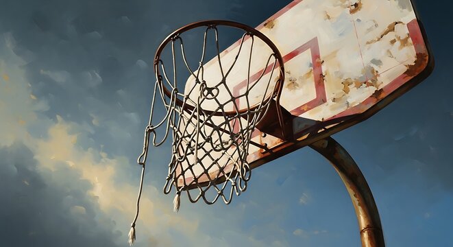 Weathered basketball hoop and rusty backboard on an urban court, symbolizing forgotten games and nostalgia under a stormy sky. - Powered by Adobe