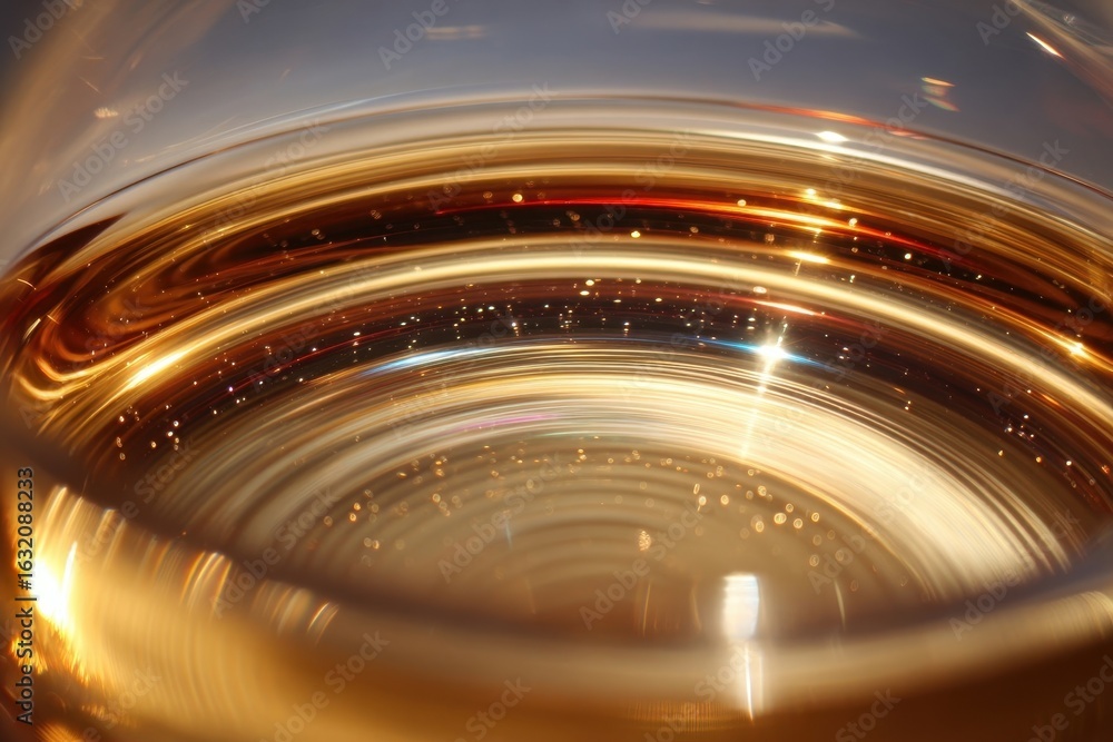 Poster mesmerizing abstract image of golden liquid with dynamic light trails and sparkling bokeh.