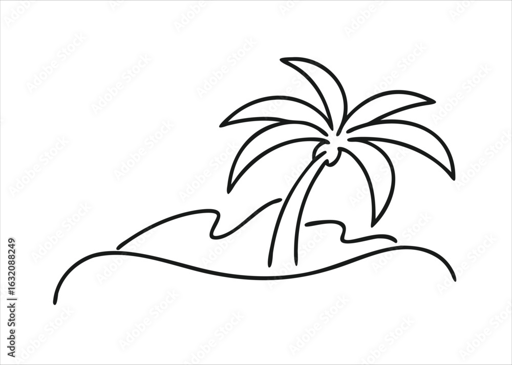 Poster abstract minimalist single line drawing of a tropical palm tree with a stylized crown and trunk isol