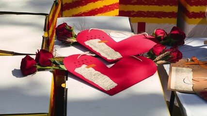 Sant Jordi, holiday of Catalonia patron. Street stall with roses and books. High quality 4k footage