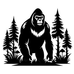 Gorilla in forest vector clean black silhouette design white background