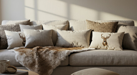 A cozy living room setup featuring a light beige sofa adorned with various decorative pillows and a soft fur throw, creating a warm and inviting atmosphere