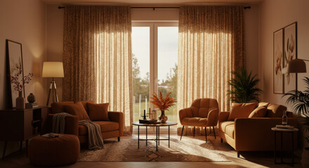 A cozy living room bathed in warm sunlight features stylish brown furniture, elegant curtains, and decorative plants, creating a serene and inviting atmosphere