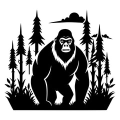 Gorilla in forest vector clean black silhouette design white background