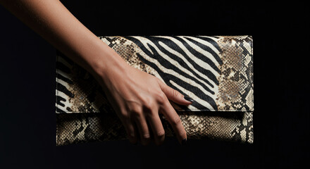 A hand holds a stylish clutch bag with a zebra and snake skin pattern on a dark background, showcasing fashion and elegance