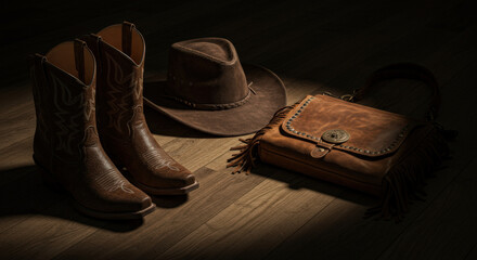 A pair of intricately designed brown cowboy boots, a felt cowboy hat, and a stylish leather bag are arranged on a rustic wooden floor, creating a warm, inviting atmosphere