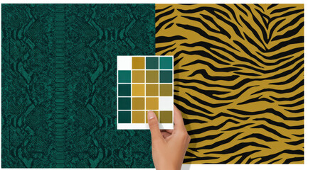 A hand holds a color palette against two distinct patterns, one resembling snake skin in teal and the other a bold tiger stripe in gold and black, showcasing textile design options