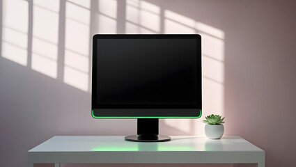 Fototapeta premium Modern computer monitor on a desk with sunlight shadows