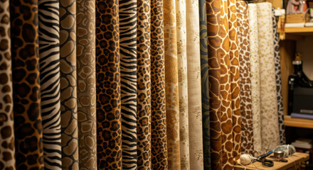 A close-up view of vibrant animal print fabric rolls displayed in a craft room showcasing various textures and colors, perfect for design projects or fashion