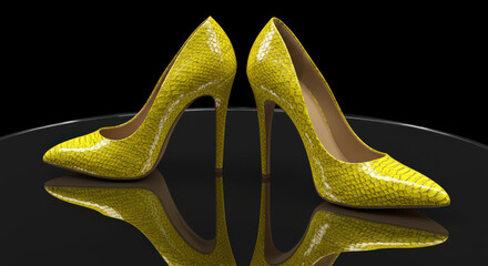 Stylish yellow high heels with a snake skin texture elegantly displayed on a reflective surface creating a striking visual effect