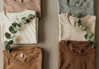 arranged t-shirts in neutral colors with a green eucalyptus branch adding a touch of nature, creating a serene and minimalistic aesthetic