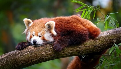 a red panda peacefully sleeping on a tree branch in a lush vibrant forest setting