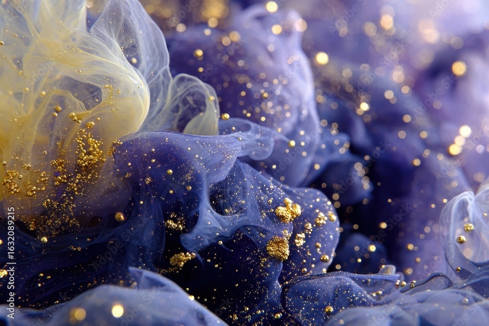 Poster captivating abstract blend of swirling blue and golden liquid with shimmering bokeh.