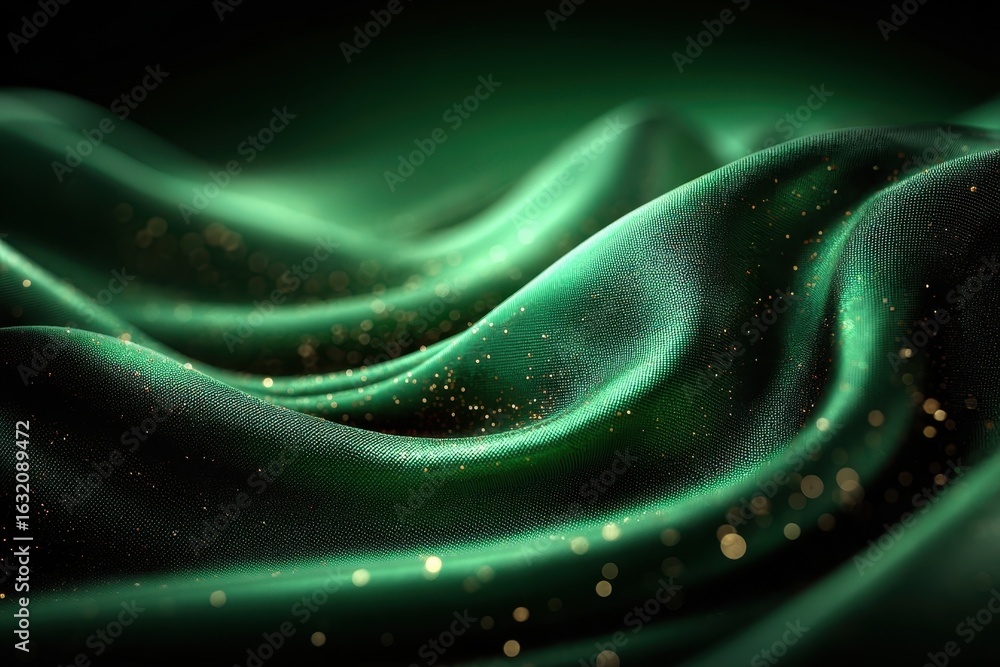Poster luxurious dark green fabric with shimmering golden particles creating elegant waves and folds.