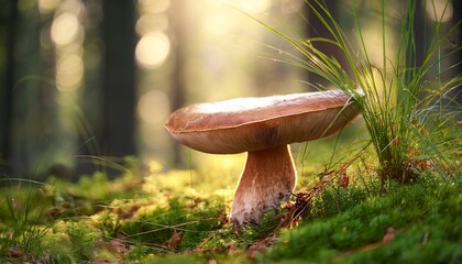 a mushroom in the grass in the woods