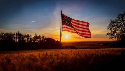 a flag waving in the foreground against a picturesque backdrop of a sunset over a field
