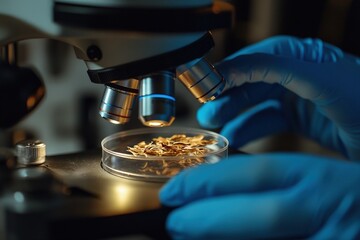 Scientific Examination: Hands in Gloves Using a Microscope
