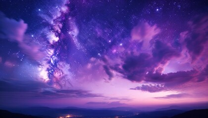 a dreamy twilight scene with a purple sky dotted with stars and fluffy clouds creating a surreal atmosphere ideal for fantasy and dream themed designs