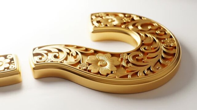 Ornate golden question mark lying on a white surface, featuring floral and scrollwork details.