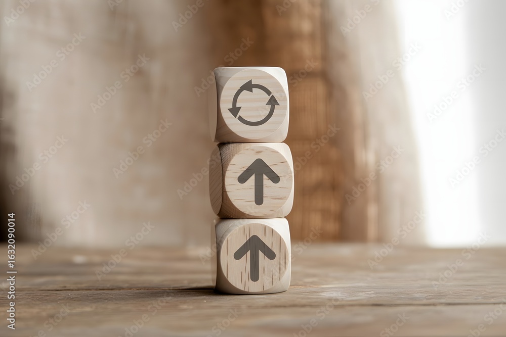 Poster wooden cubes stacked vertically showing upward arrows and a circular refresh symbol representing pro