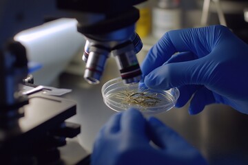 Scientific Examination: Hands in Gloves Using a Microscope
