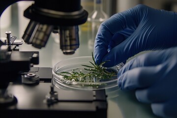 Scientific Examination: Hands in Gloves Using a Microscope