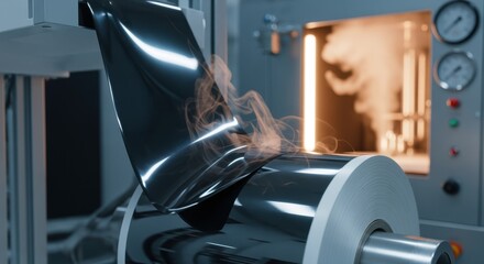 Artistic composition of shiny black graphene film winding off roll under controlled CVD temperature and atmosphere conditions for nanotechnology uses.