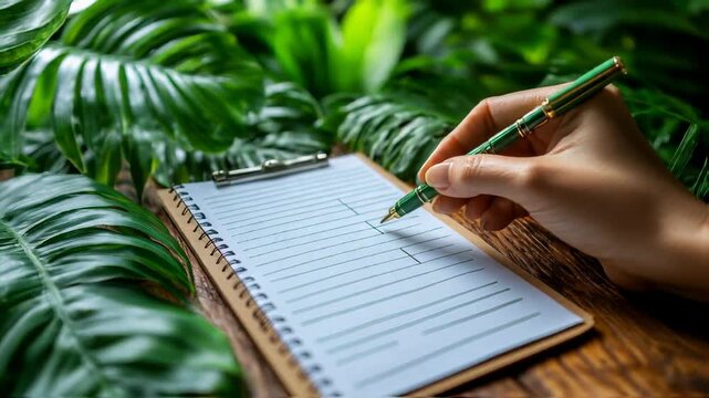 Hand with pen writing on paper, notepad sits on a wooden surface, with green leaves in background