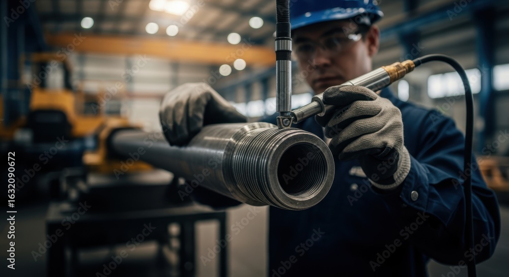 Poster worker examining the threading on a geothermal drill pipe during a nondestructive inspection process