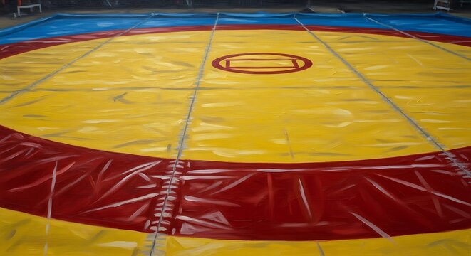 An empty wrestling mat with red and yellow circles, a silent arena awaiting the start of a sports competition.