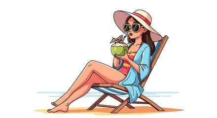 Young woman in a sun hat relaxing on a beach chair with a coconut drink. Summer vacation vector illustration.