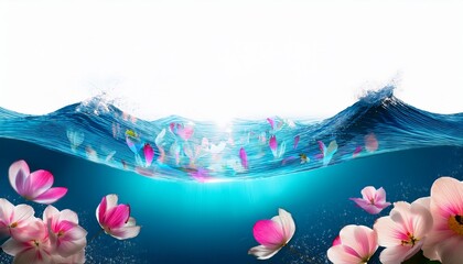 a mystical ocean with bioluminescent waves and bright floral petals floating in the water against a stark white background
