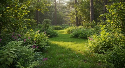 Obraz premium Sunlit Path Through Lush Green Forest with Purple Flowers and Tall Trees
