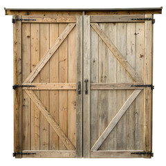 Rustic wooden barn doors with weathered texture and metal hinges.