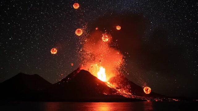 Cosmic Volcano Eruption: Fire Orbs Rise Under a Majestic Starry Night Sky
