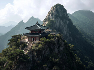 Korean Buddhist temple on mountain peak, tranquil atmosphere