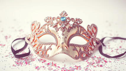 Ornate Venetian mask adorned with sparkling jewels and delicate patterns, set against a background of colorful confetti, exuding mystery and allure