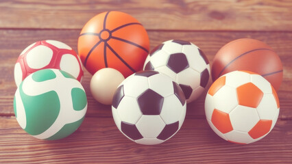Sports equipment including soccer ball, basketball resting on wooden background, highlighting athletic diversity and team competition