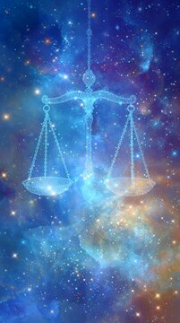 Astrological zodiac sign libra constellation depicted in cosmic space, glowing among stars and nebulae.