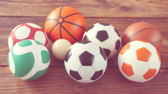 Sports equipment including soccer ball, basketball resting on wooden background, highlighting athletic diversity and team competition